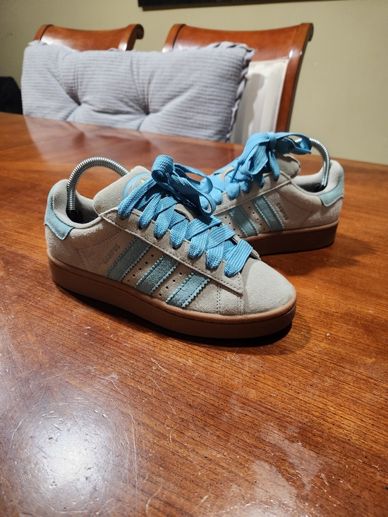 adidas Shoes - adidas Suede Sneakers in Light Gray with Teal Blue Stripes Women Size 6